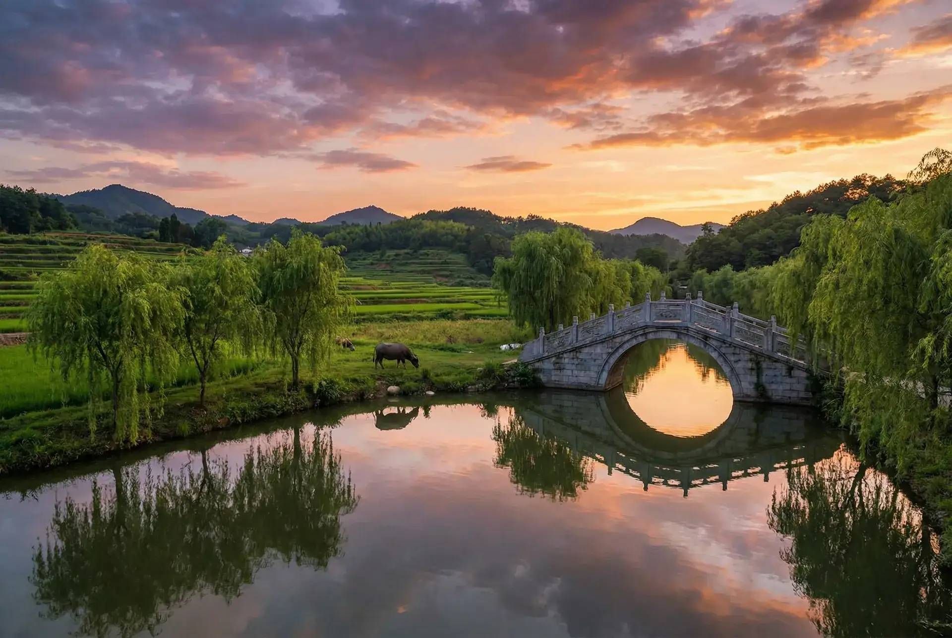 夕阳下的石拱桥与垂柳，水牛在河边吃草 - yw.8827.永不失联 乡村美景
